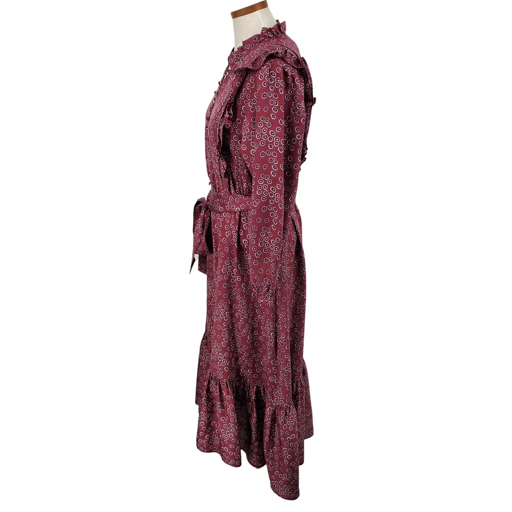 Outerknown Womens Small Maroon Geometric Organic Cotton Silk Ruffle Midi‎ Dress - Picture 2 of 8